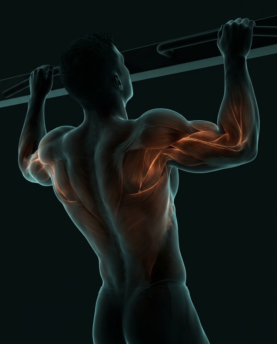 An athlete mid pull-up, working muscles glowing ember
