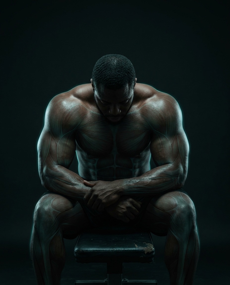 An athlete seated between sets, head bowed, recovering