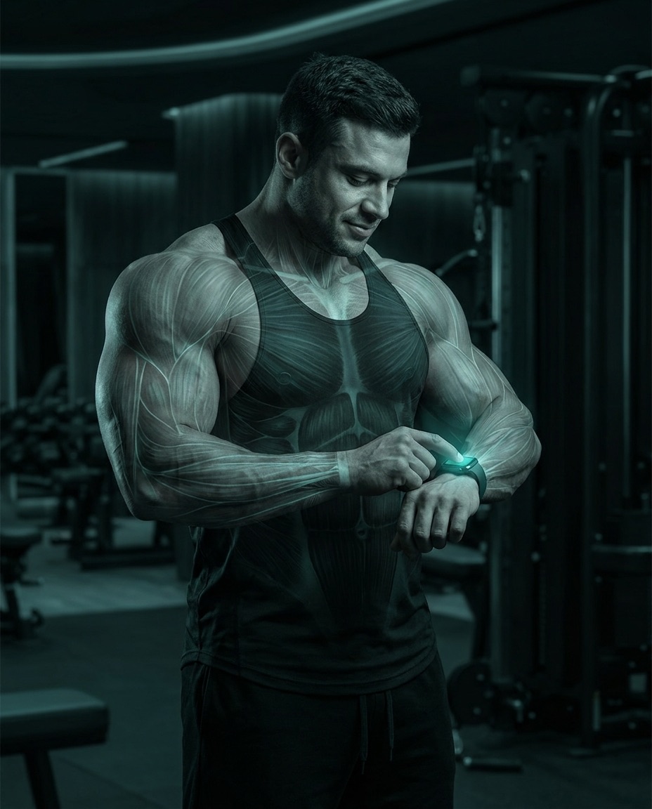 An athlete glancing at the glowing watch on his wrist