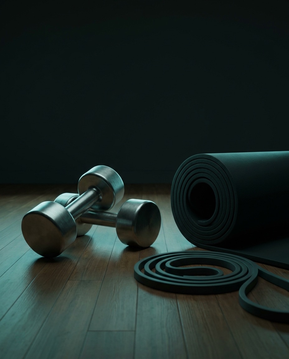 A home corner gym — a rack, a bench, a bar, waiting in the dark
