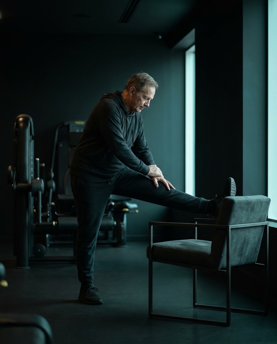 An older man stretching calmly by the window
