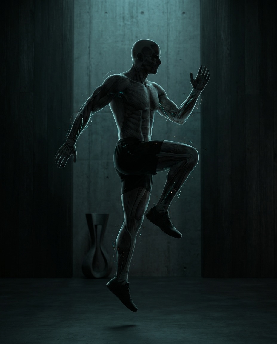 An athlete mid high-knee, warming up