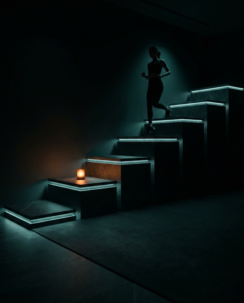 A runner climbing lit steps past a single ember candle — the week, climbed