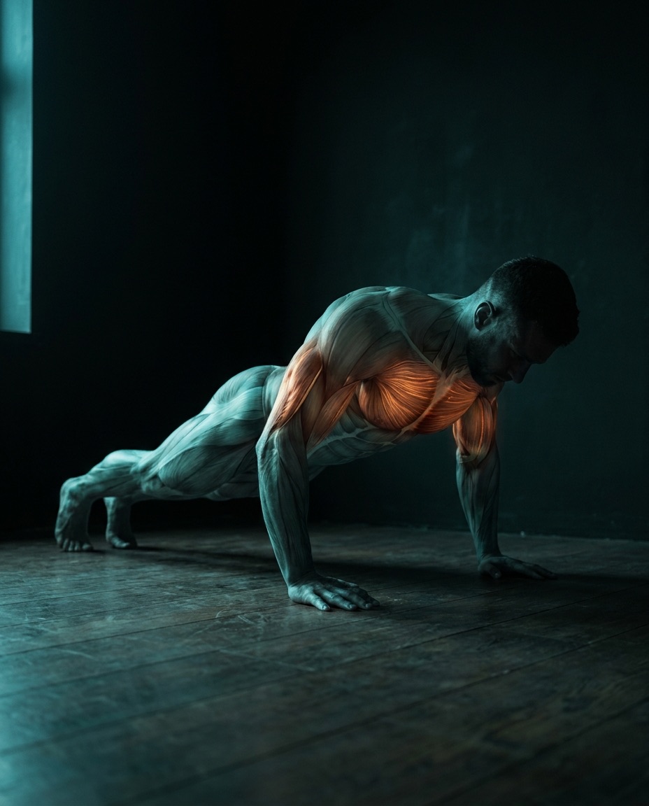 A push-up on the floor at home, chest working in ember