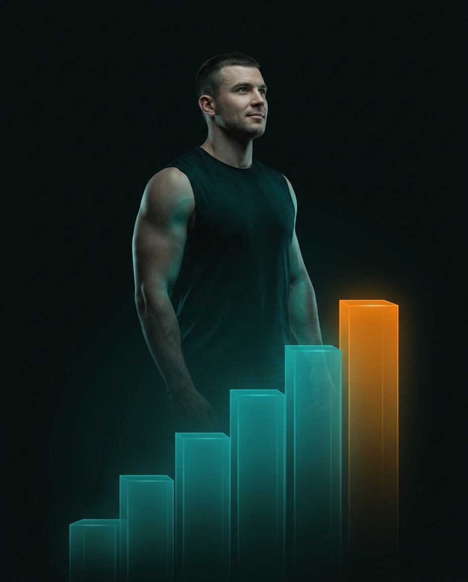 An athlete looking upward behind a rising chart, its top bar glowing ember
