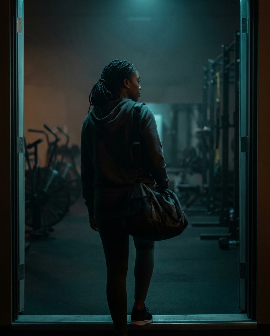 A woman with her gym bag at the doorway, looking into the gym