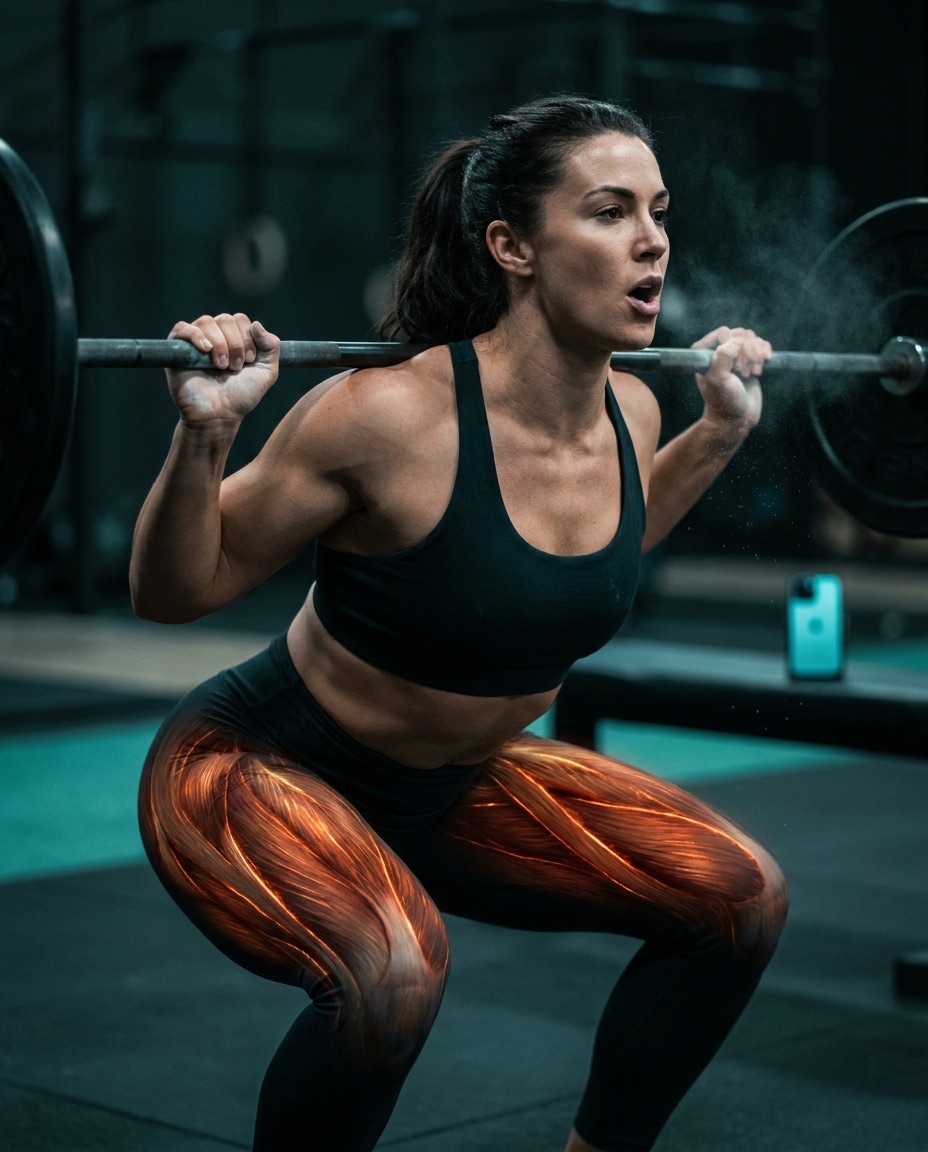 A woman mid squat calling out a command, chalk in the air — her phone face-up on a bench, out of reach