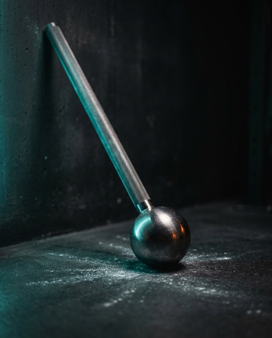 A steel mace against a dark gym wall