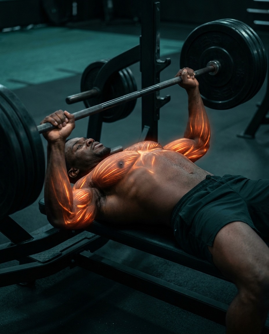 A big man mid flat bench press, heavy plates loaded, chest and arms blazing ember