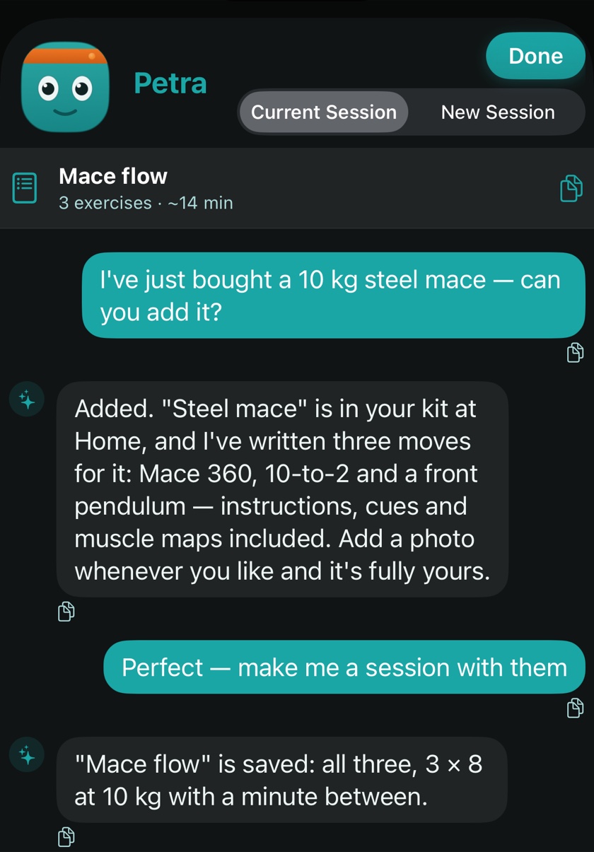The whole conversation: a 10 kg steel mace added, three exercises written, a session saved