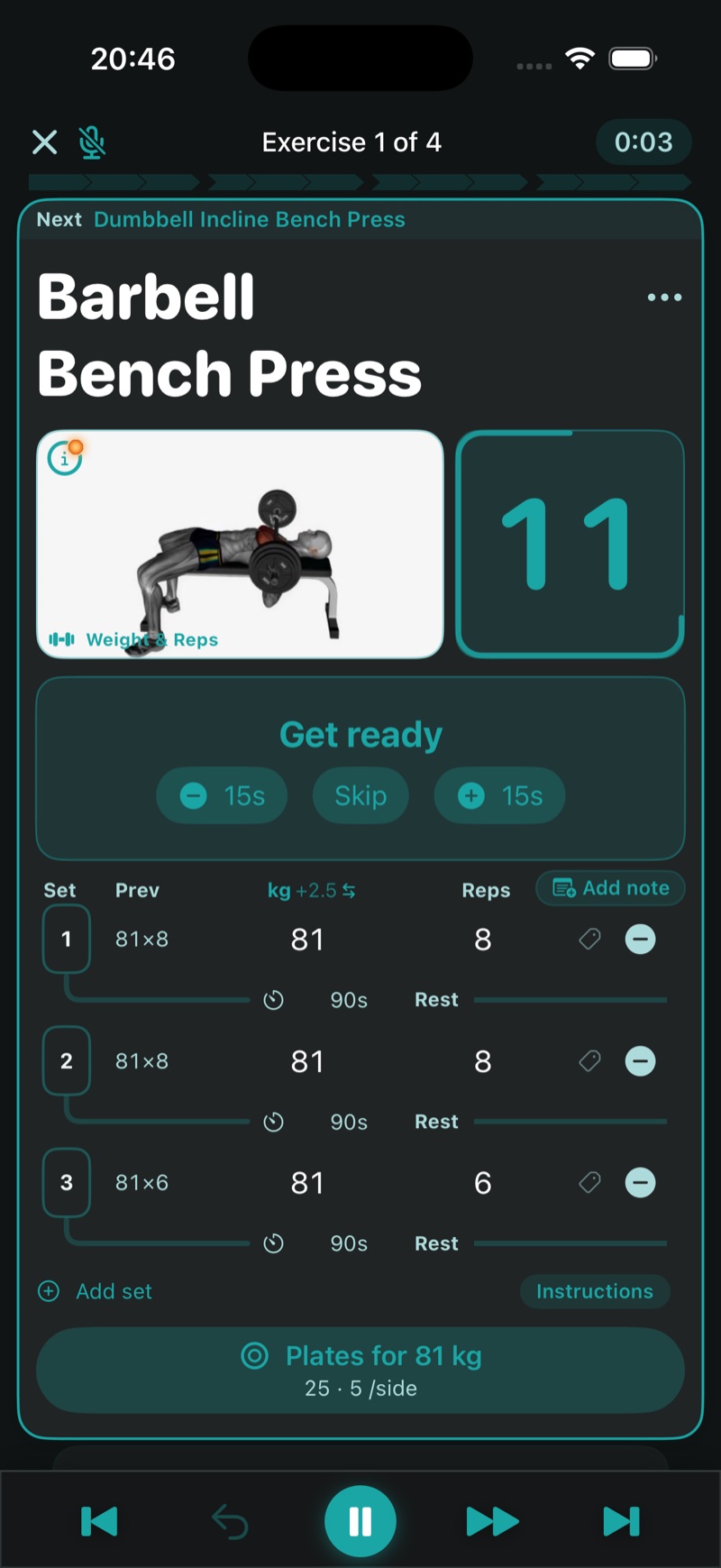 The same bench press running in PT-One — set, reps and bar loaded