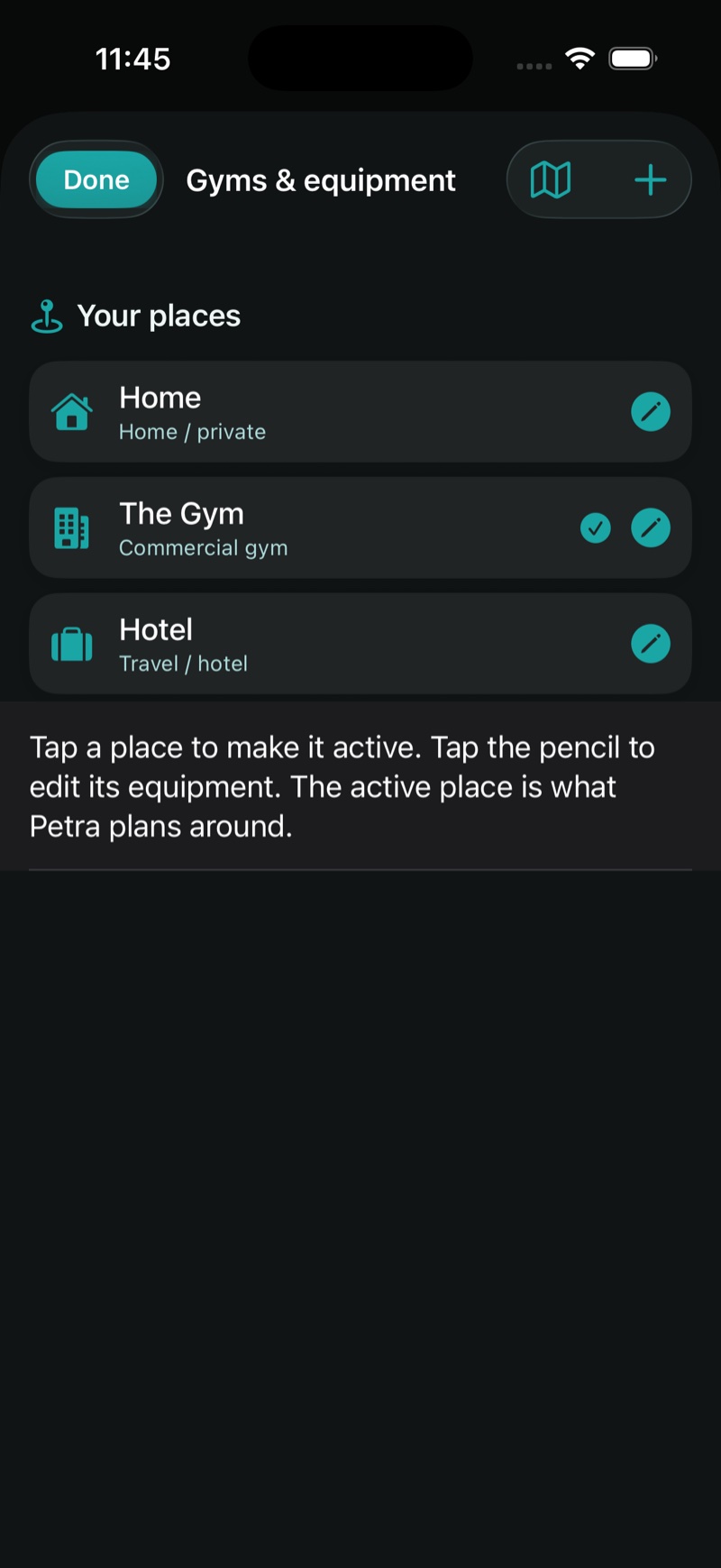 Home, commercial and travel gyms — tap a place to make it active
