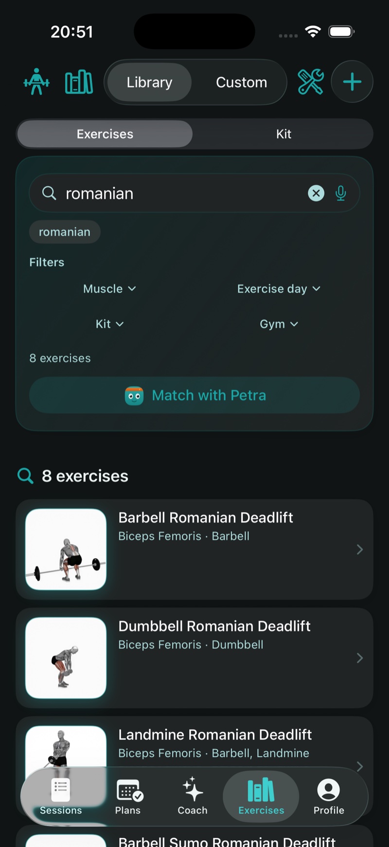 Searching the library for hinge exercises — the same movement family