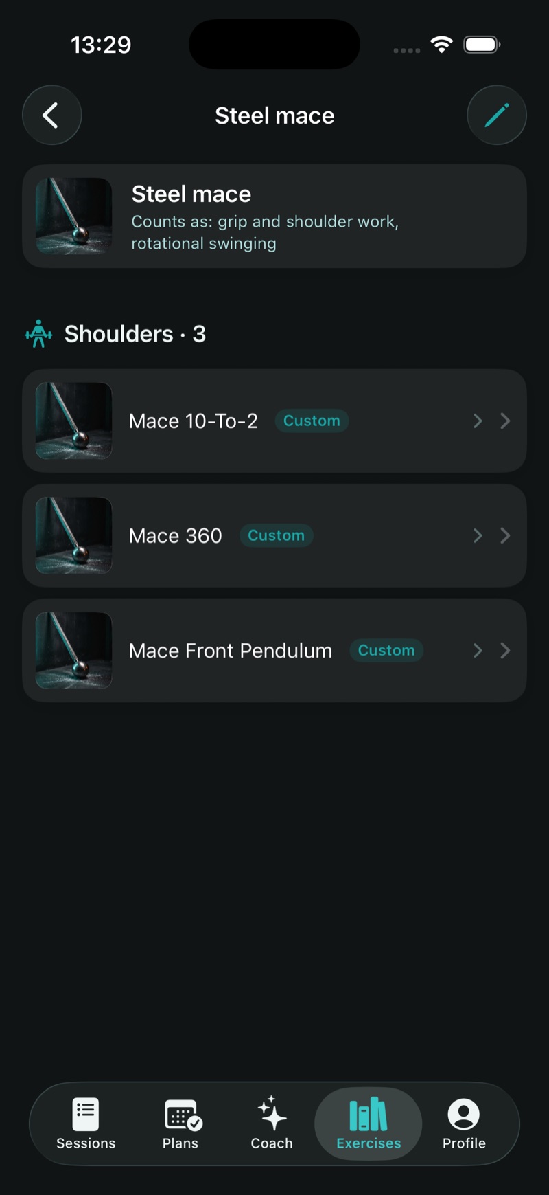 The same mace inside the app — a real piece of kit with its photo and its own researched exercises