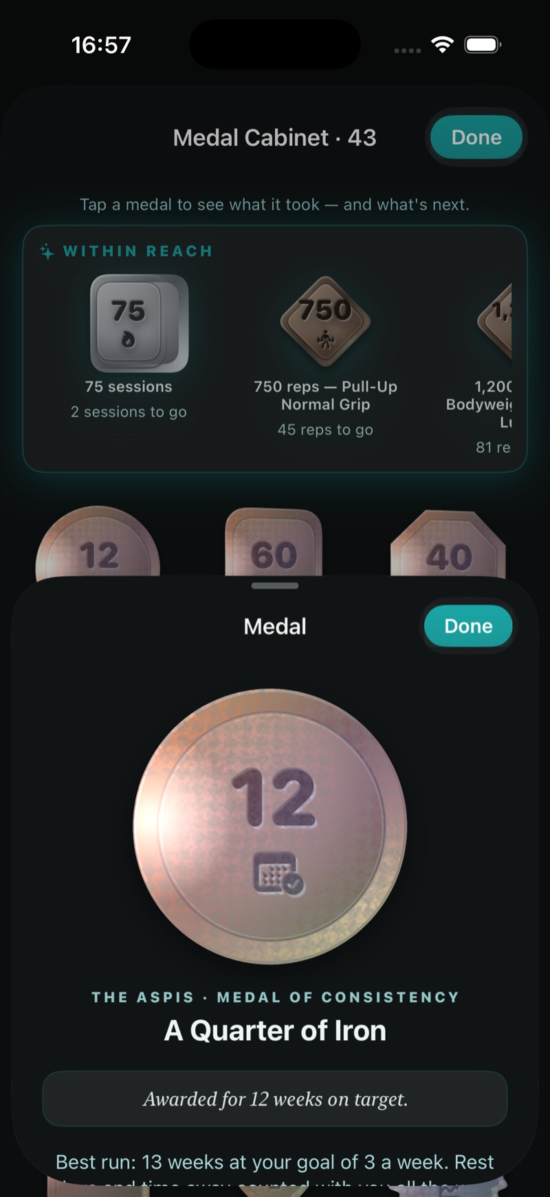 One medal's story — A Quarter of Iron, awarded for 12 weeks on target, the evidence right on the sheet