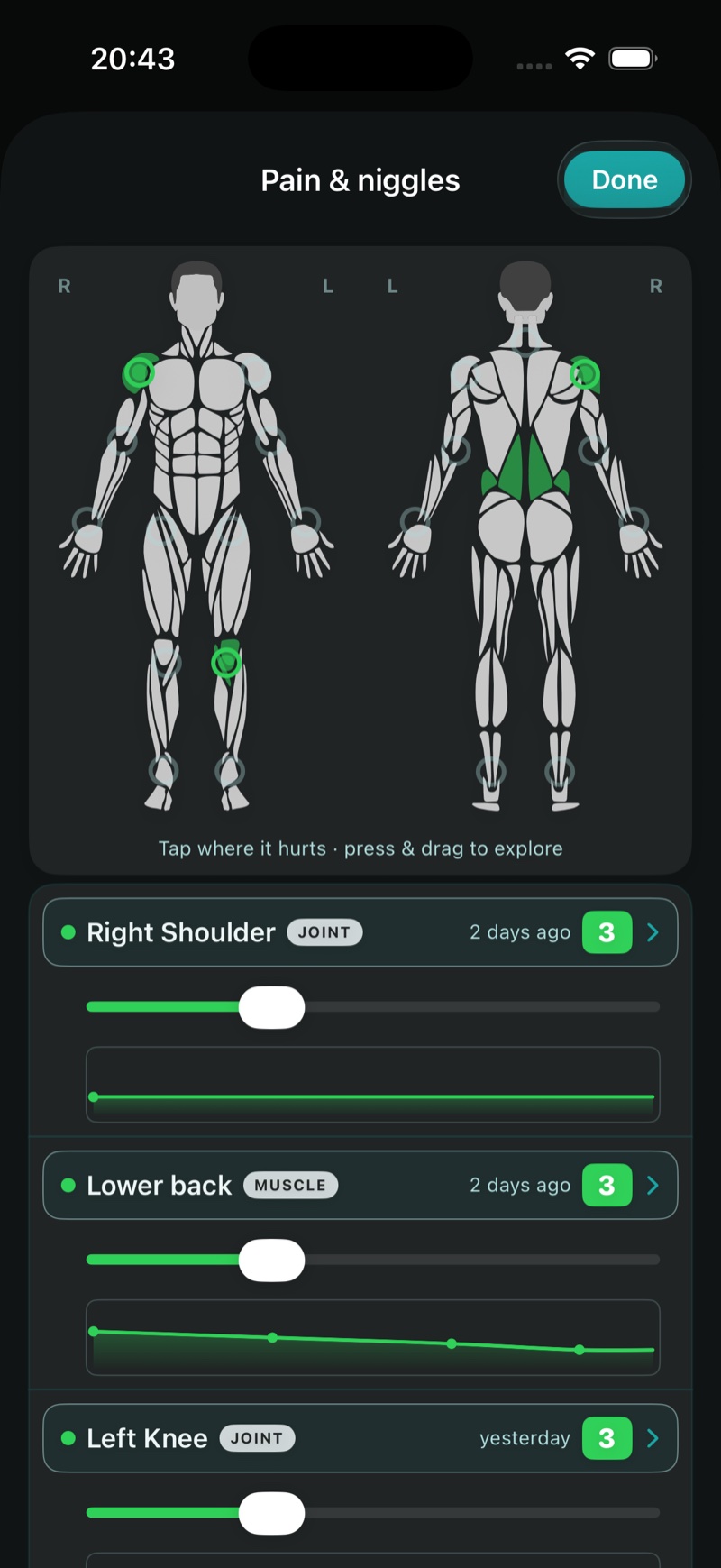 The pain map — where it hurts and how much, session by session