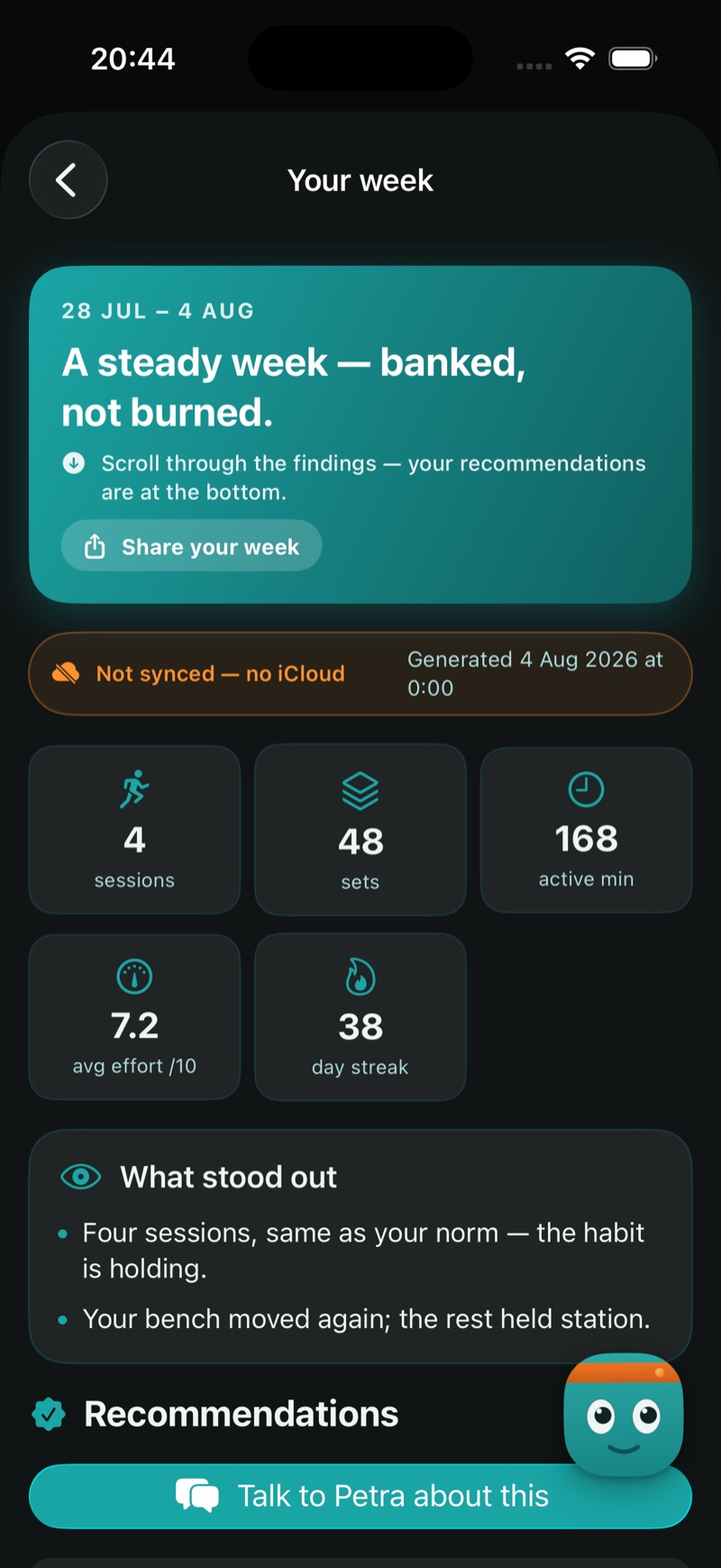 The weekly report — a steady week, banked not burned