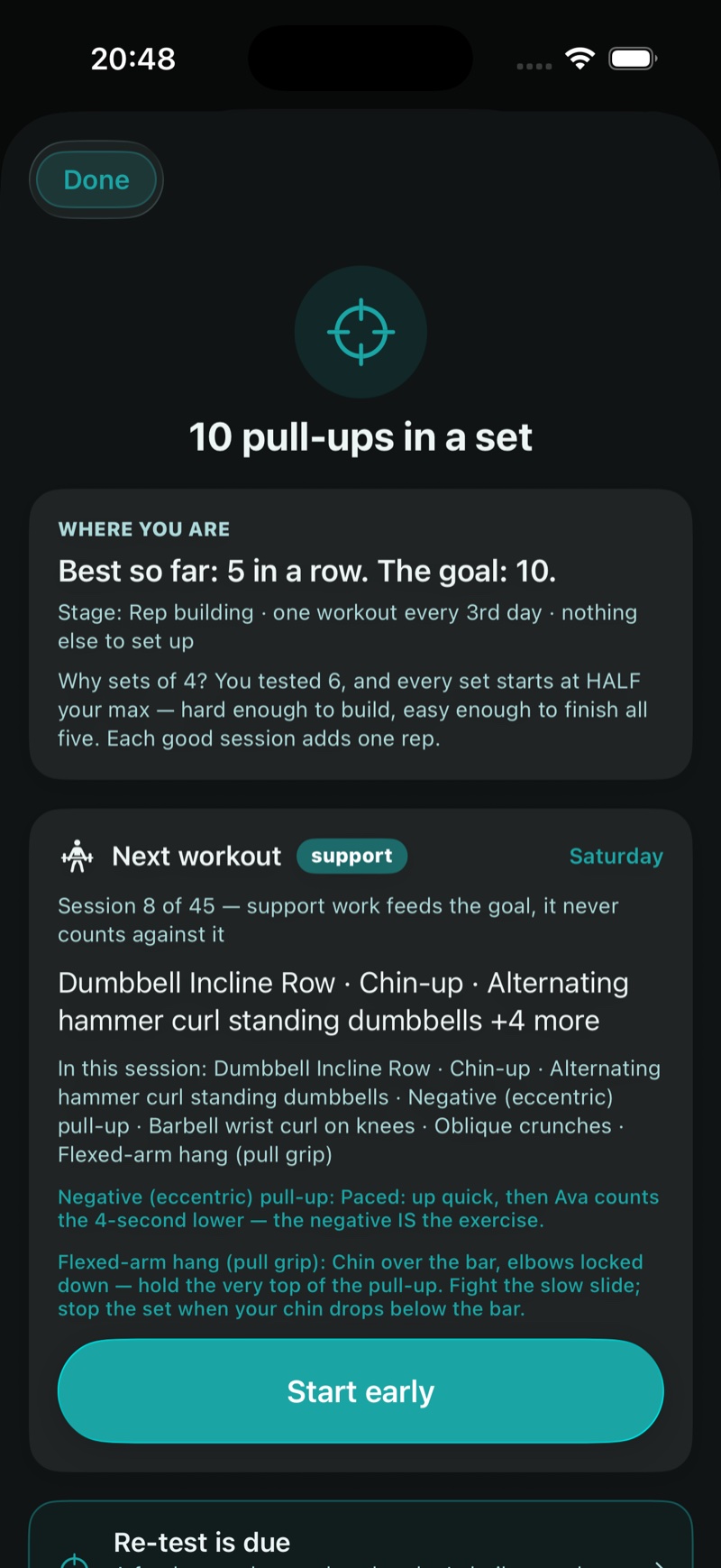 The target — 10 pull-ups in a set, best so far 5, the route drawn